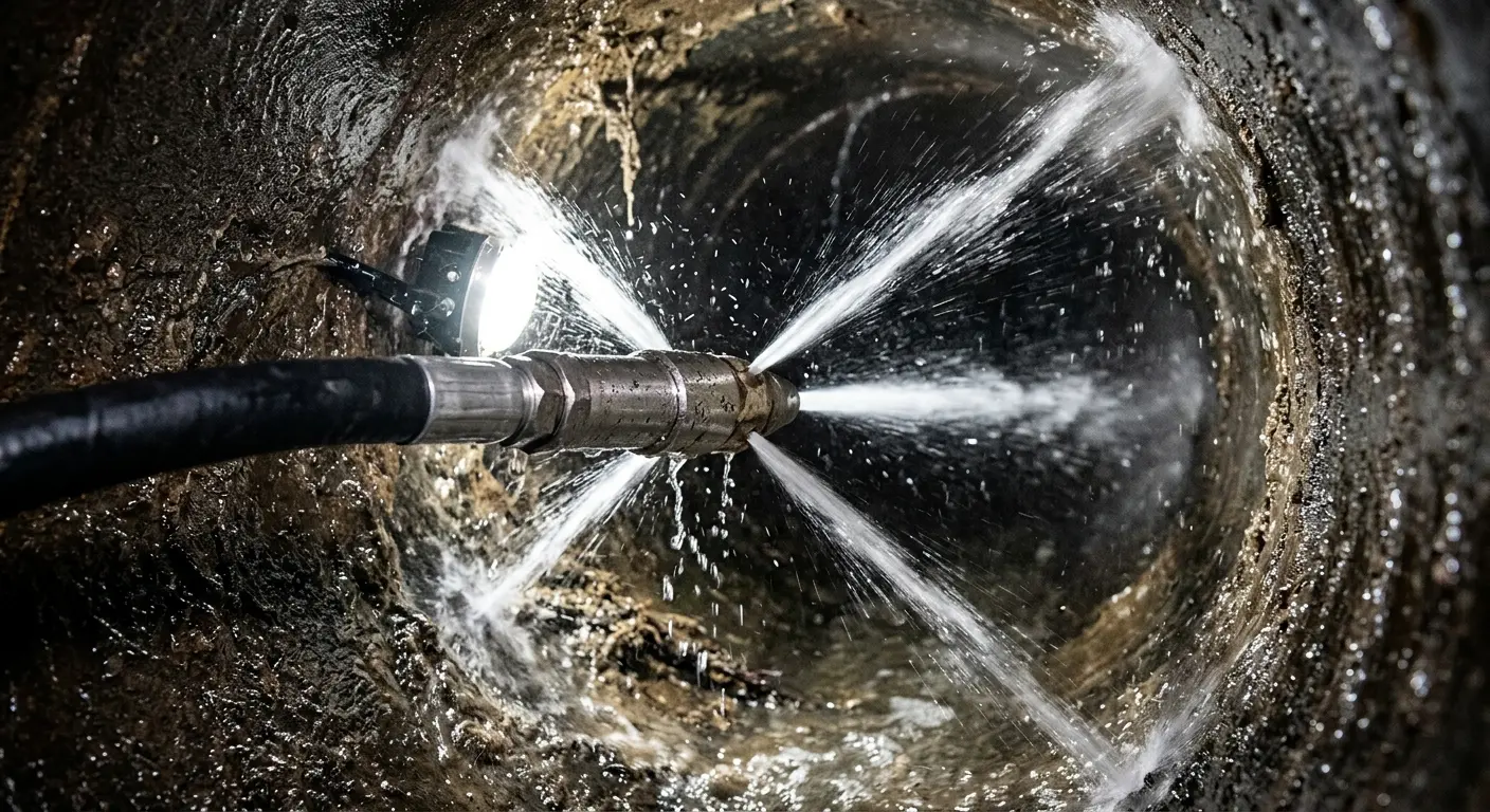 High-pressure hydro jetting nozzle cleaning sewer pipe for Emergency Drain Service in Stratham