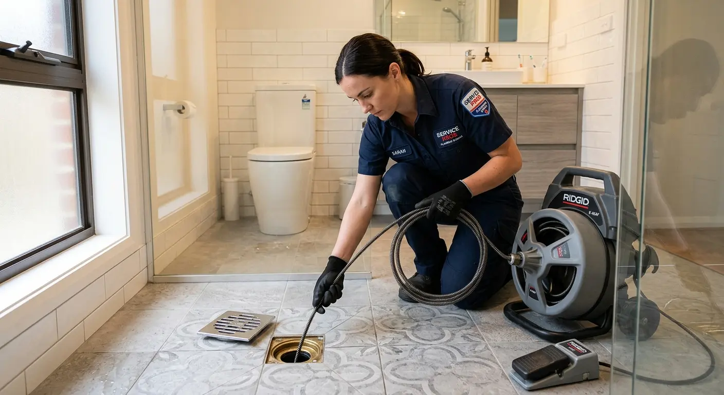 Technician clearing a bathroom floor drain for Sewer Line Replacement in Stratham